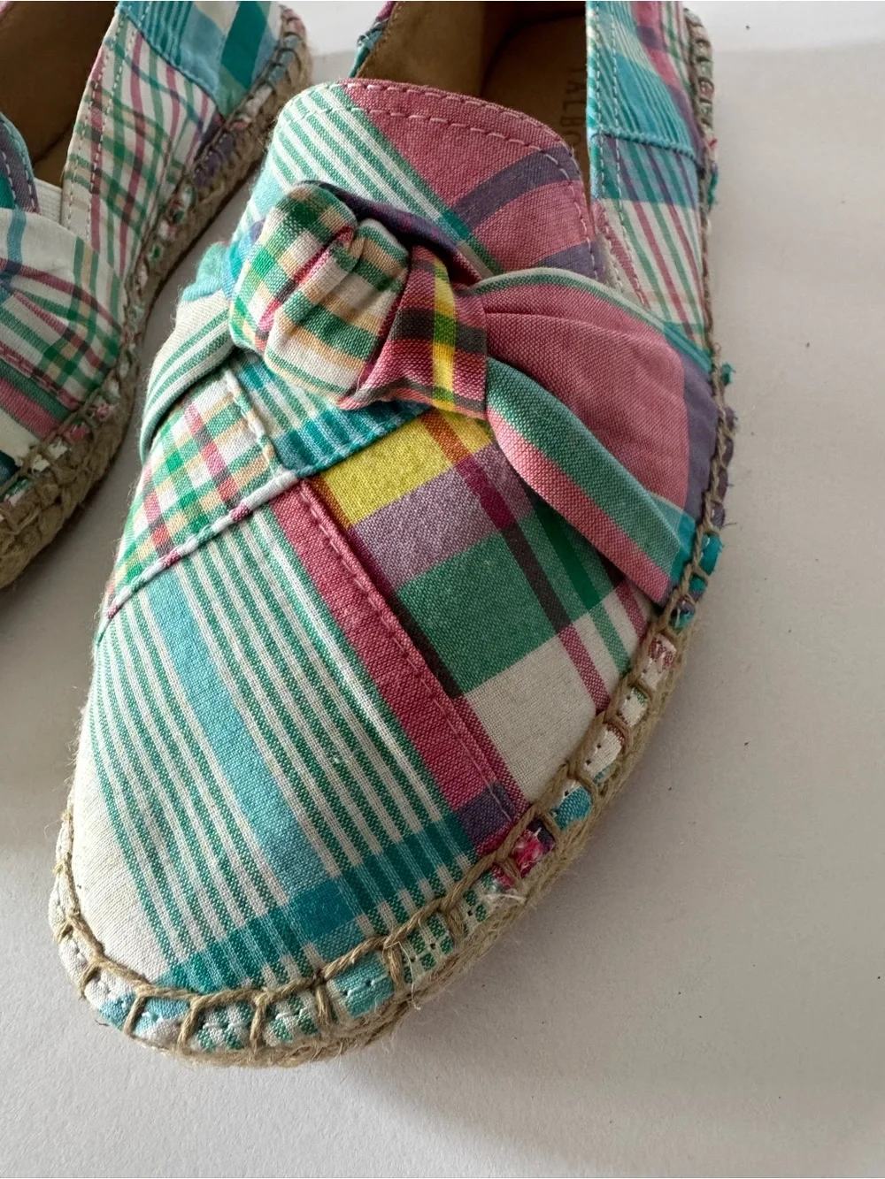 Talbots Women’s 7 Plaid knot Espadrille Flats Teal Pink Slip On Shoes Classic
